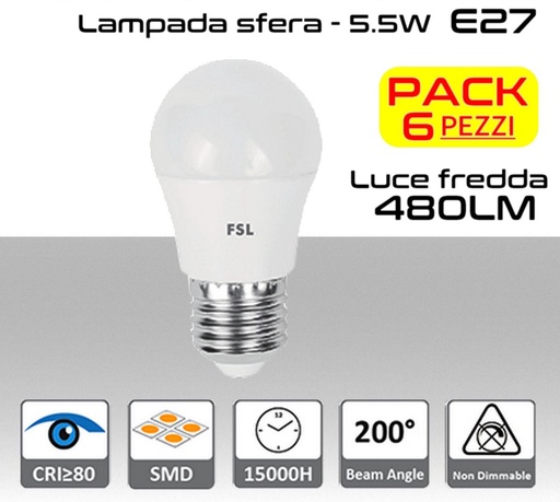 [MS0115] Lampadina LED a sfera 5,5W luce fredda E27  480 lumen PACK 6 PZ