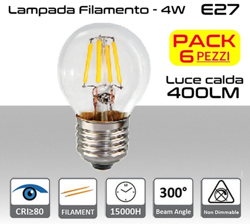 [MS0117] Lampadina LED a filamento 4W luce calda E27  470 lumen PACK 6 PZ