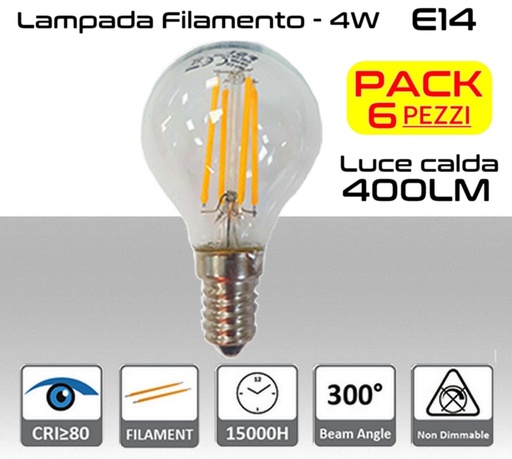 [MS0116] Lampadina LED a filamento 4W luce calda E14  470 lumen PACK 6 PZ