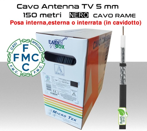 [SA0936] Cavo antenna TV 5 mm in bobina 150 metri Rame e FR-PE nero Micro TEK