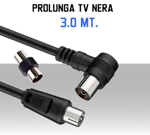 [MS31454] Cavo Antenna Tv prolunga da 3 metri spina maschio e femmina 90° nero