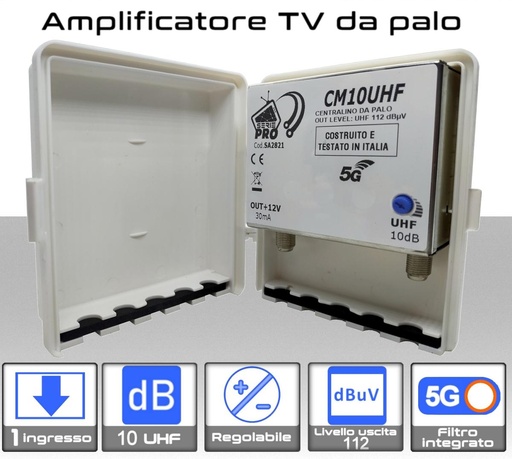 [MS2821] Amplificatore antenna TV 1 ingresso UHF 10dB regolabile Serie PRO