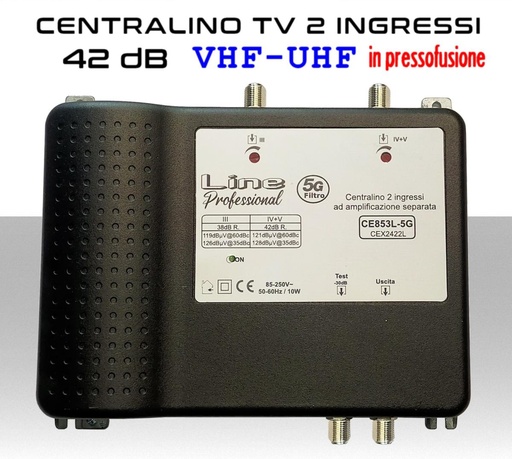 [CE853L-5G] Centralino antenna TV da interno 2 ingressi BIII-UHF 42dB telaio pressofuso 