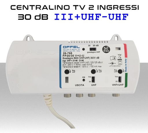 [MS3208] Centralino antenna TV da interno 2 ingressi BIII/UHF+UHF 30dB serie Offel 26-765