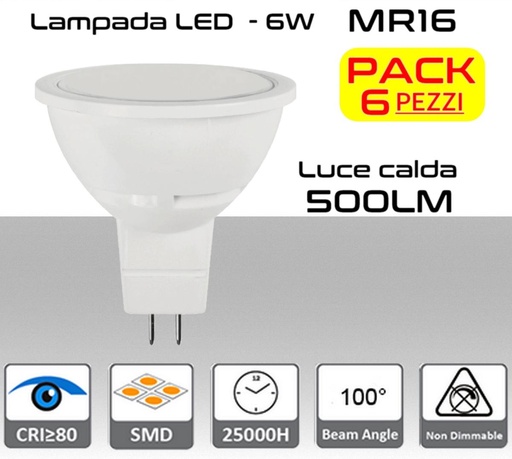 [MS0124] Lampadina LED MR16 GU5.3 luce bianca calda 500 lumen 6W Cover opaca PACK 6pz.