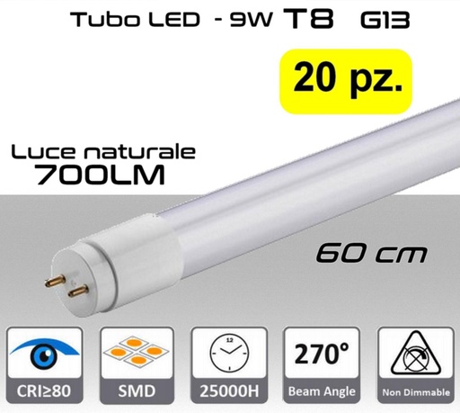 [MS0128] Tubo LED T8 attacco G13 da 9W a 700 lumen luce naturale misure 60 cm PACK 20 PZ