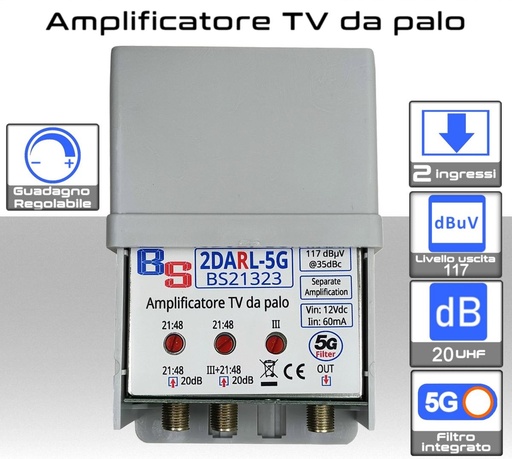 [BS21323-5G] Amplificatore antenna TV 2 ingressi III-UHF/UHF 20dB regolabili BS21323