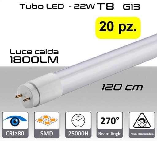 [MS0130] Tubo LED T8 attacco G13 da 22W a 1800 lumen luce calda misure 120 cm PACK 20 PZ