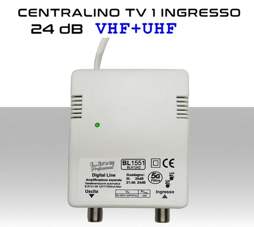 [SABL1551/5G] Centralino antenna TV da interno 1 ingresso BIII / 21:48 24dB Regolabile - Telealimentazione automatica - BL1551