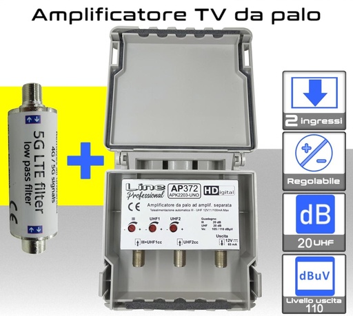 [AP372+SAFL5GT] Amplificatore antenna TV 2 ingressi UHF 20dB regolabile AP372