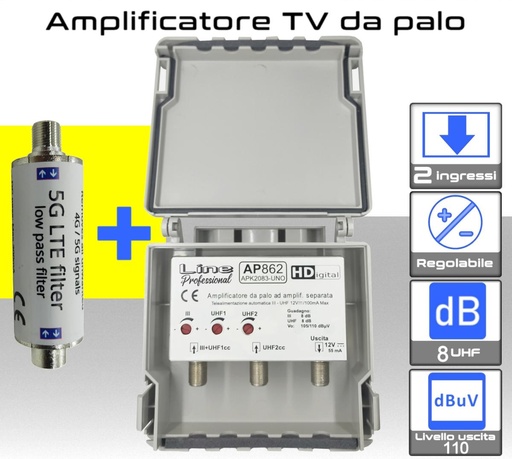 [AP862+SAFL5GT] Amplificatore antenna TV 2 ingressi UHF 8dB regolabile AP862