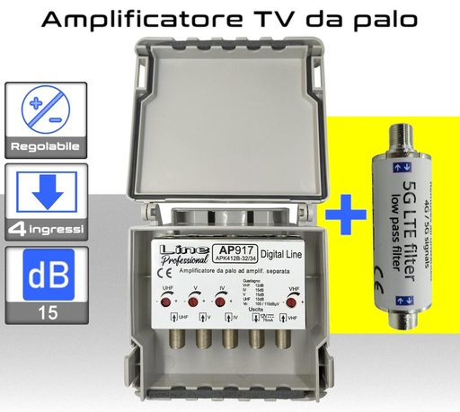 [AP917+SAFL5GT] Amplificatore antenna TV 4 ingressi BIII-IV-V-UHF ( 32/34 ) 15dB regolabile AP917