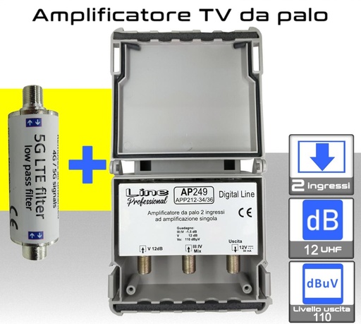 [AP249+SAFL5GT] Amplificatore antenna TV 2 ingressi IV-V 12dB AP249