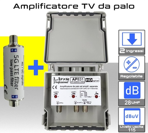 [AP831+SAFL5GT] Amplificatore antenna TV 2 ingressi UHF 28dB regolabile AP831