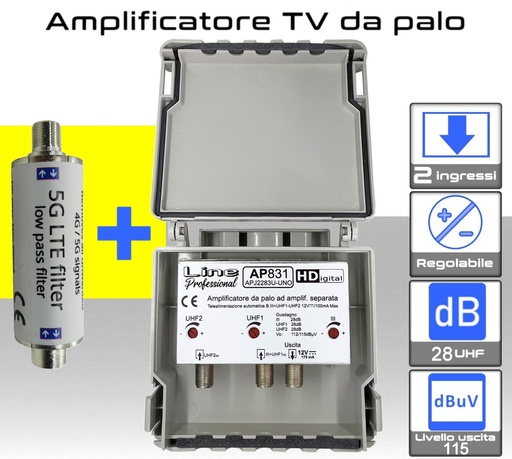 [AP831] Amplificatore antenna TV 2 ingressi UHF 28dB regolabile AP831