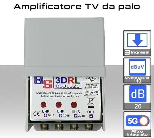 [BS31321-5G] Amplificatore antenna TV 3 ingressi VHF-UHF-UHF 20dB regolabili  BS31321