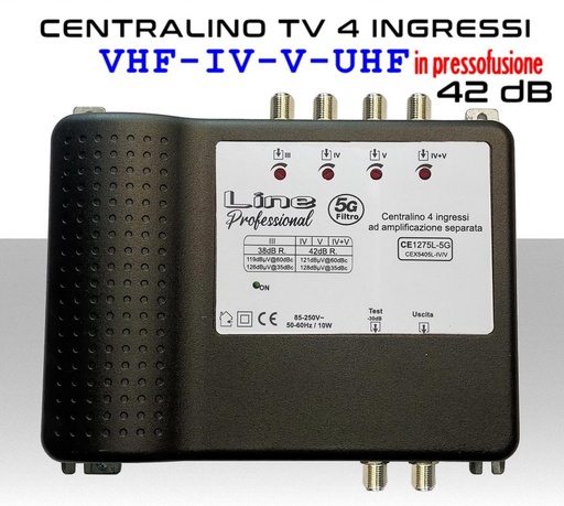 [MSCE1275L-5G] Centralino antenna TV da interno 4 ingressi in pressofusione III / 21:32 / 34:48 / 21:48 42dB 4 regolazioni multigiri - Uscita TEST - Alto livello d'uscita 128dBuV@35dBc