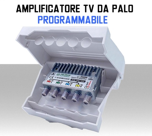 [MSAP1859] Amplificatore TV da palo programmabile 4 ingressi VHF/UHF 32 Filtri attivi Helman 20200 