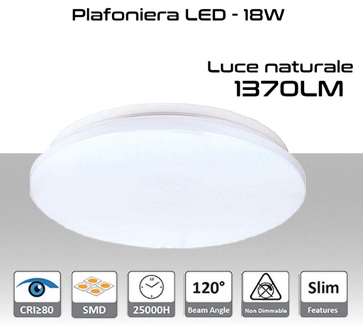 [MS0156] Plafoniera LED 18W luce naturale 1370 lumen  Ø330x55mm