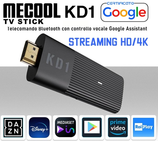 [RI1828] Android TV box 4K dongle Stick KD1 HDMI - WiFi - Bluetooth -  PRONTO ALL'USO - Internet Streaming 4K - IPTV - Certificato Google