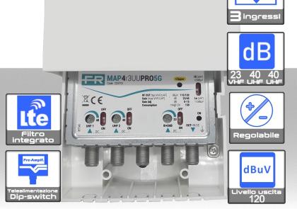 [MS223770] Amplificatore antenna TV 3 ingressi VHF-UHF-UHF 40dB regolabile Fracarro MAP 223770 