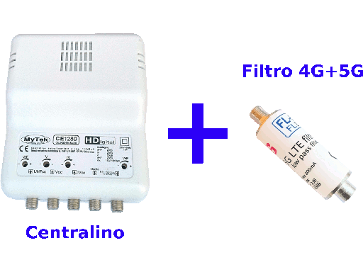[CE1280+FL] Centralino 4 ing VHF  -  21:32  -  34:69  -  UHF 20dB 4 Reg. 112/115dBuV - Telealim. automatica + Filtro 4G+5G