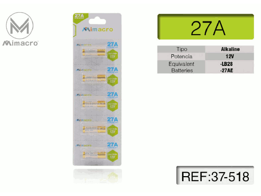 [MIM37-518] Batteria alcaline 27A 12V alcalina per radiocomandi RA616 - Confezione 5 pezzi - Compatibile con LB28 e 27AE