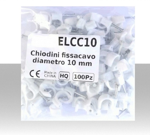 [ELCC10] Chiodini fissacavo bianco in acciaio (0.55% di carbonio) per cavi con diametro max 10mm -  Confezione 100Pz