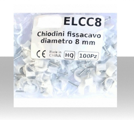 [ELCC8] Chiodini fissacavo bianco in acciaio (0.55% di carbonio) per cavi con diametro max 8mm -  Confezione 100Pz