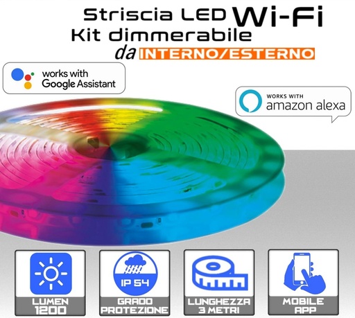 [MS0219] Strip LED 3 metri  Wi-Fi RGB + Bianco dimmerabile 1200 Lumen - 1200 lumen/metro