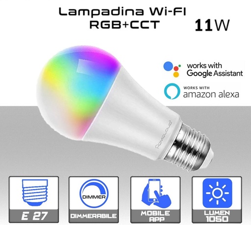 [MS0220] Lampadina LED Wi-Fi 11w 1050 lumen  E27  RGB e CCT dimmerabile