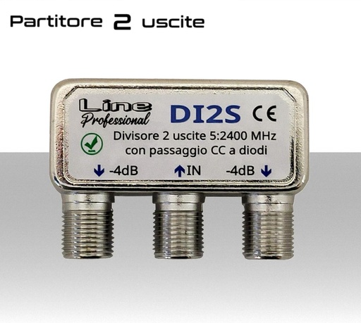 [MSDI2S] Divisore Partitore TV a 2 uscite con connettori F su stesso lato per banda TV e Satellite - Attenuazione 4dB - CC passante direzionale con diodi