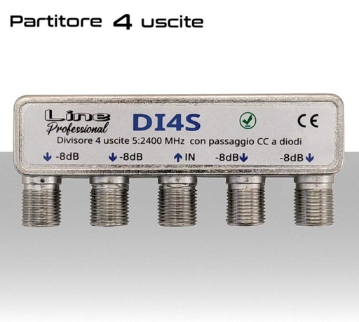 [MSDI4S] Partitore tv 4 uscite con connettori F su stesso lato per banda TV e Satellite