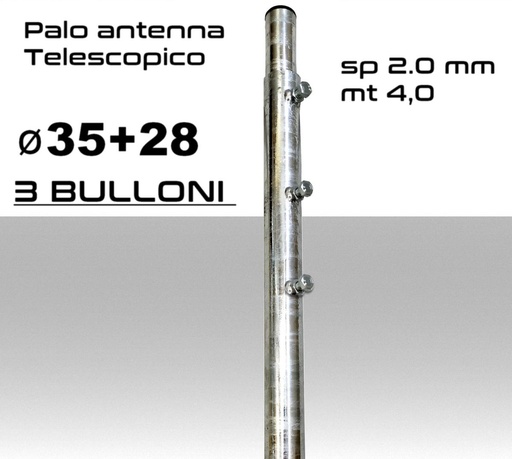 [MSPTT0038] Palo antenna telescopico 4 metri tubi infilati Ø 35-28 mm spessore 2.0 mm zincato a caldo