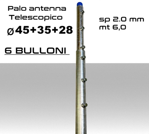 [MSPTT0039] Palo antenna telescopico 6 metri tubi infilati Ø 42-35-28 mm spessore 2.0 mm zincato a caldo