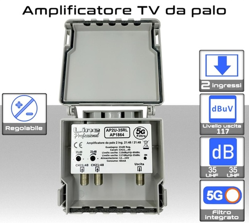[AP2U-35RL] Amplificatore antenna TV 2 ingressi UHF 35dB regolabile AP2U-35RL
