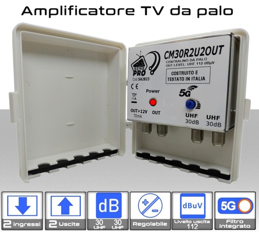 [SA2823] Amplificatore antenna TV 2 ingressi UHF 30dB regolabile 2 OUT Serie PRO