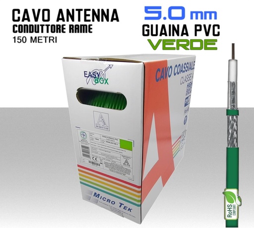 [MS0945] Cavo coassiale per antenna TV 5 mm guaina verde bobina 150 metri Rame e PVC Micro TEK