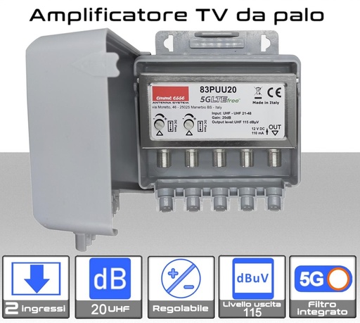 [SA2461E] Amplificatore antenna TV 2 ingressi UHF 20dB regolabile Emme Esse 83PUU20