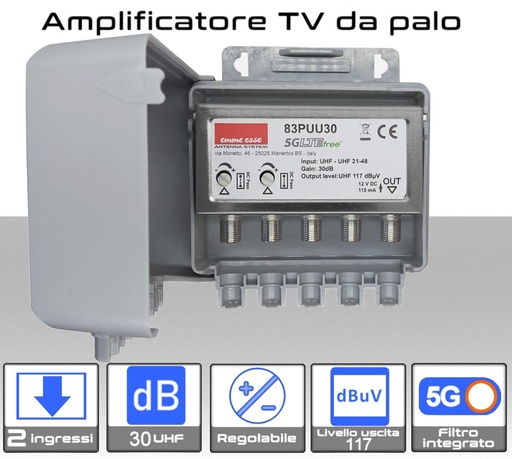[SA2463E] Amplificatore antenna TV 2 ingressi UHF 30dB regolabile Emme Esse 83PUU30