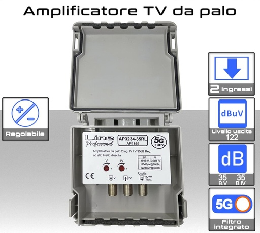 [AP3234-35RL] Amplificatore antenna TV 2 ingressi 21:32 / 34:48 35dB regolabile con filtro LTE 4G+5G - AP3234-35RL