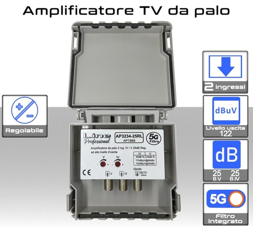 [AP3234-25RL] Amplificatore antenna TV 2 ingressi V-IV 25dB regolabile AP3234-25RL