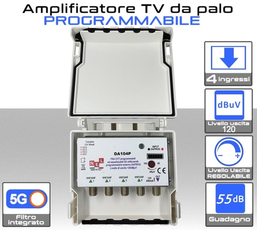 [SA3353] Centralino TV da palo programmabile 4 ingressi 55dB con AGC modello N.E.L.DA104P