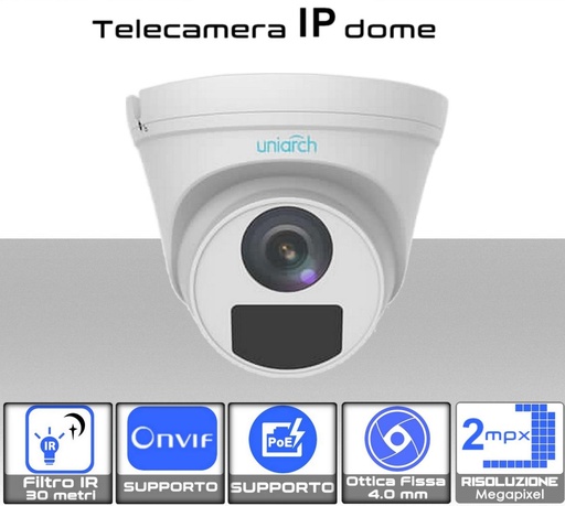 [SA0269] Telecamera IP dome 2 megapixel da esterno PoE con ottica fissa da 4.0 mm Uniarch