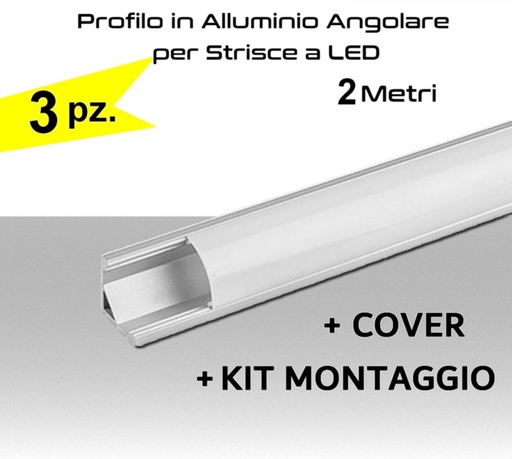 [SA0257kit3]  Profilo pieghevole in Alluminio angolare da 2 metri per strisce a Led  completo di cover e kit fissaggio  PACK 3pz.