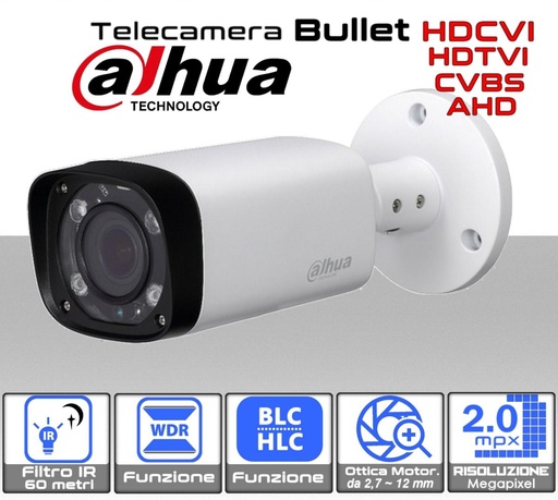 [SA1712]  Telecamera bullet Dahua FHD ibrida 4 in 1 filtro IR 60 metri 2.0 mpx con ottica motorizzata 2,7 ~ 12 mm  