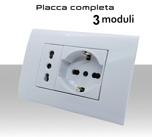 [MS83523] Placca completa 3 moduli, 1 presa bipasso bianca e 1 presa universale bianca.