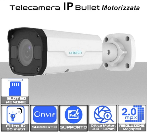 [MS0189] Telecamera IP ottica Motorizzata 2.8- 12mm  bullet 2 megapixel da esterno PoE Uniarch