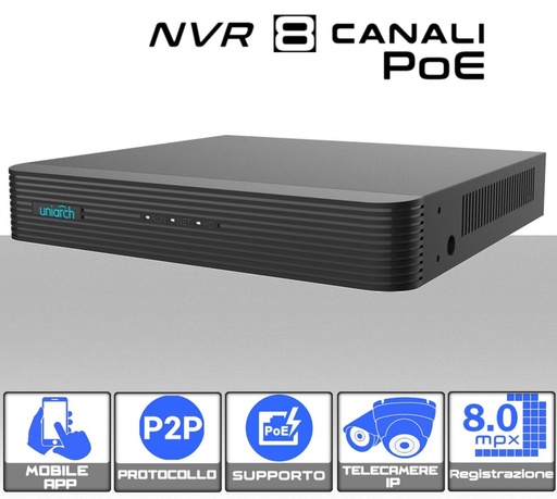 [MS0463] NVR Videosorveglianza POE 8 Canali 8MP supporto ONVIF IP