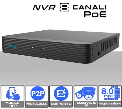 [SA0463] NVR Videosorveglianza POE 8 Canali 8MP supporto ONVIF IP